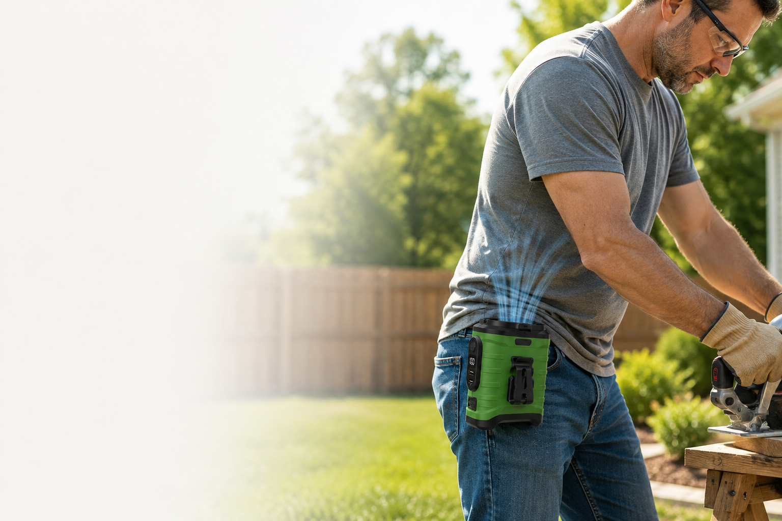 Outdoor worker using tools with BreezeRig clipped at his waist and airflow directed upward